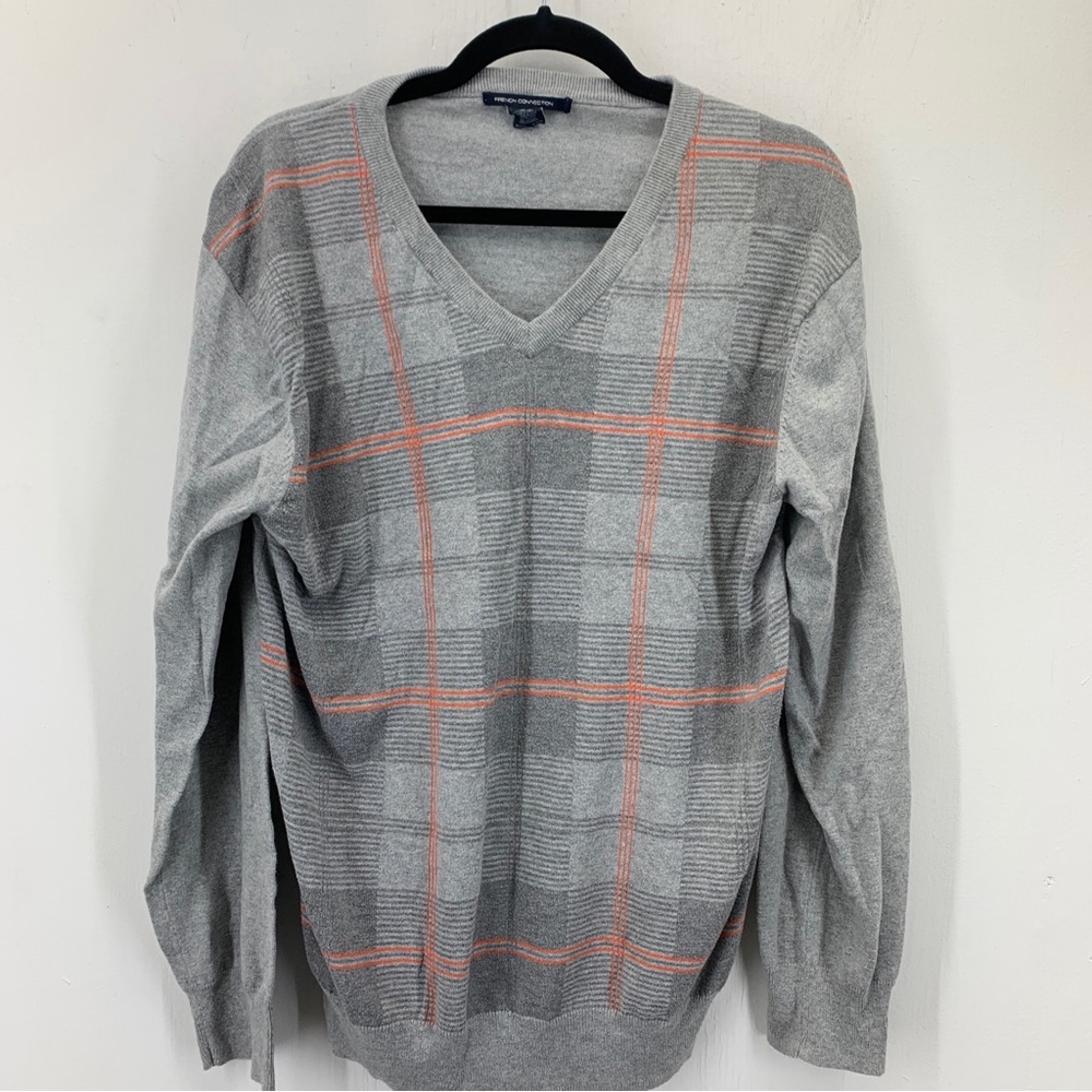 French Connection Large V Neck Pullover Sweater Preppy Business Layer Gray Plaid
